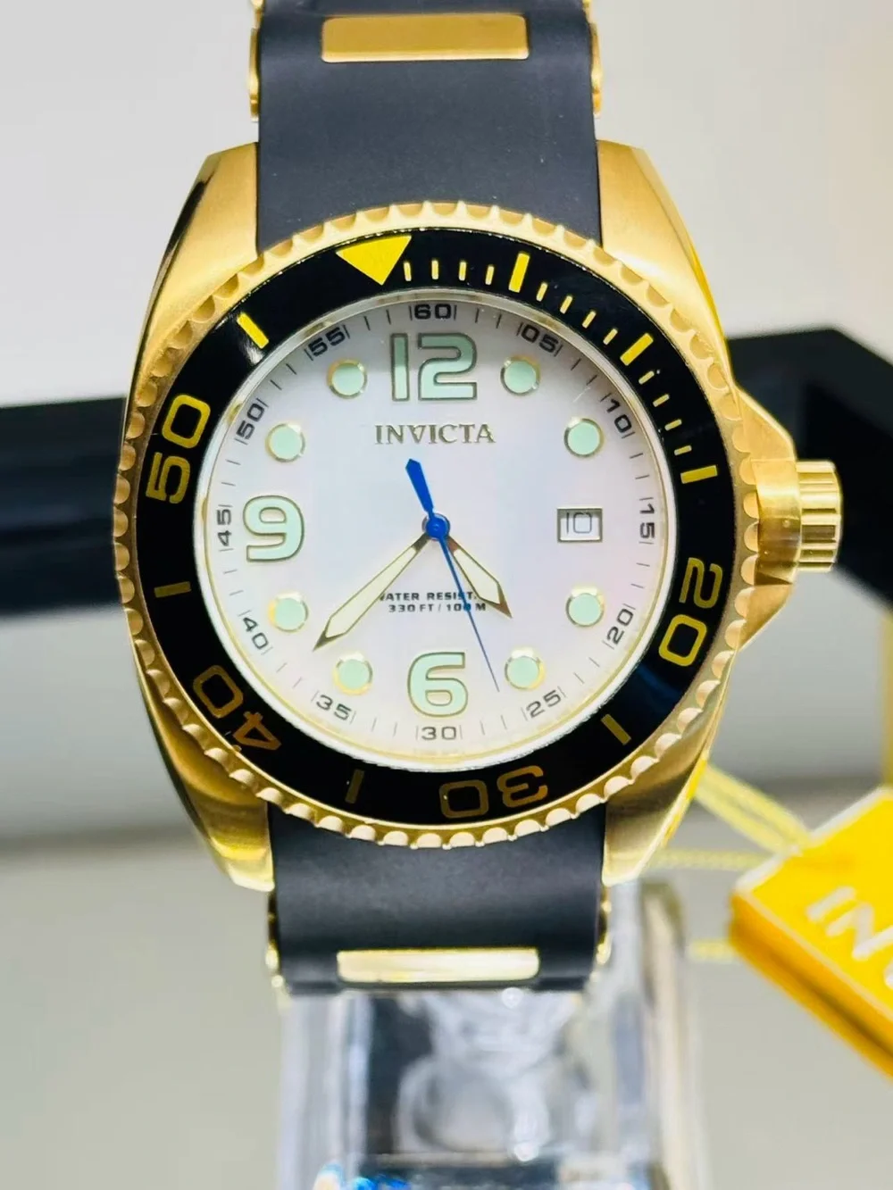 Invicta Pro Diver Gold Tone 44mm Quartz Watch MOP Dial Black Strap New In Box